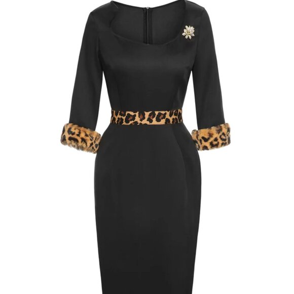 NWOT Retro Stage Medium Black 1960s Raw Hem Leopard Asymmetric Wrap Dress - Picture 1 of 9